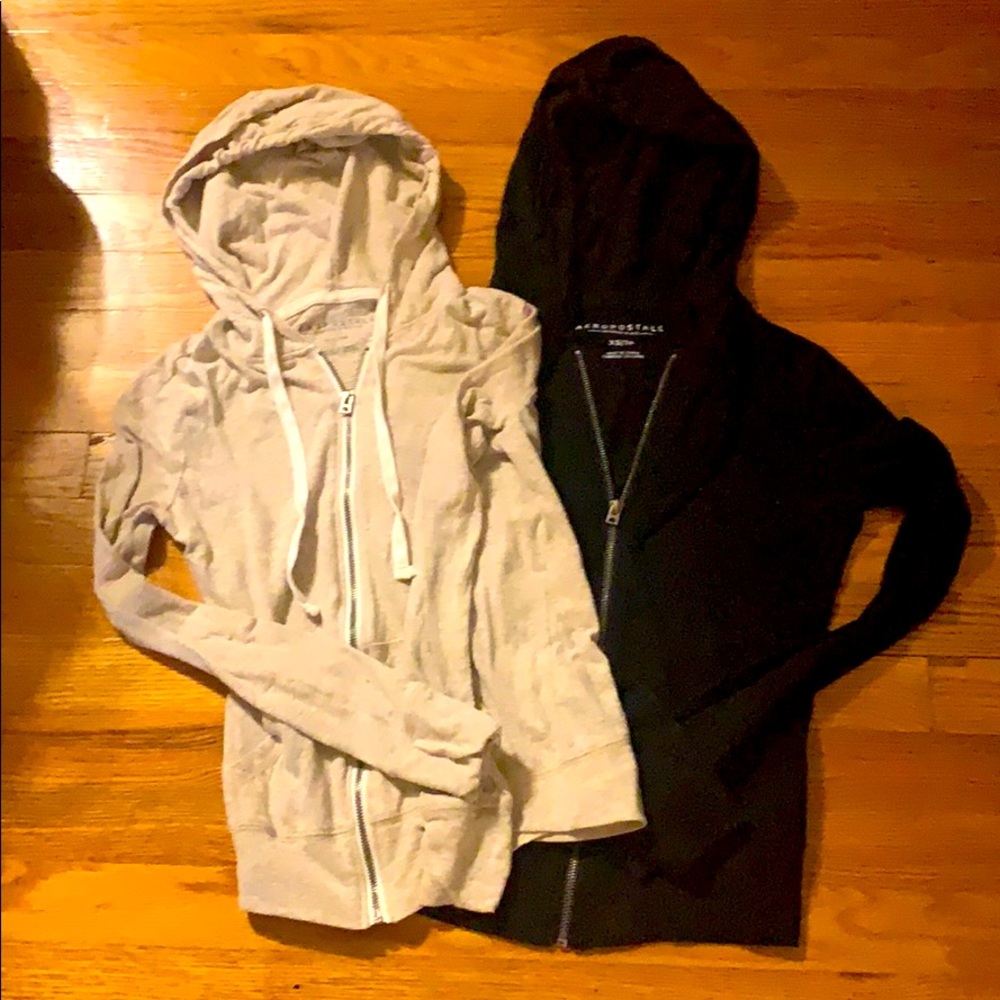 Aeropostale Light Gray and Black Zip Hoodies